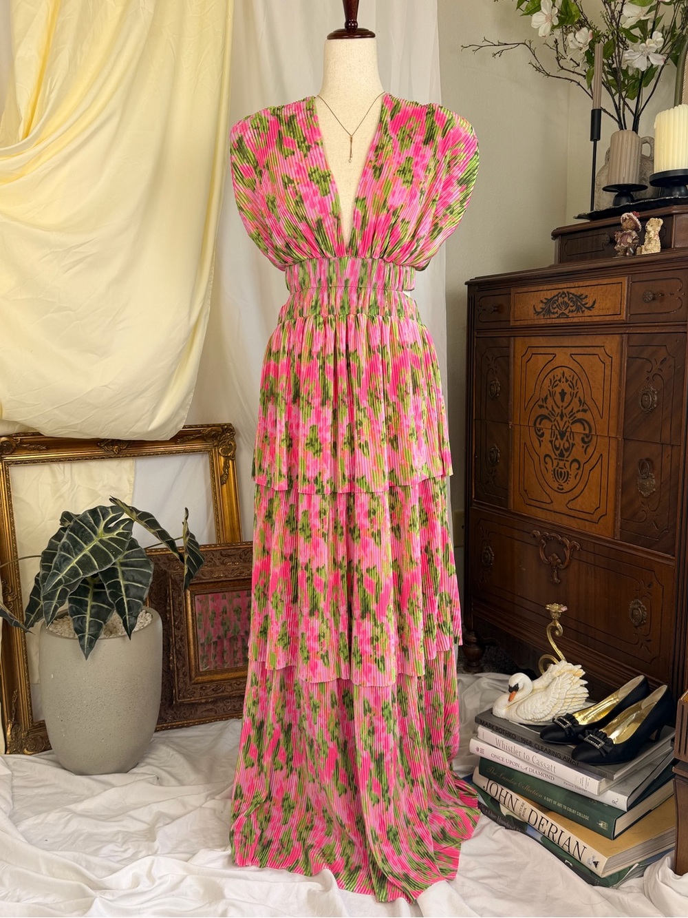 FORE Pink Pleated Tiered Maxi Summer Vacation Dress Resort Wear Festival
